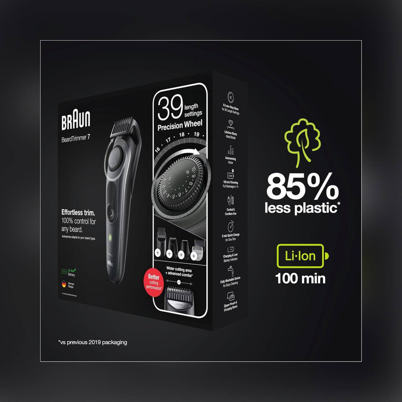 ماشین اصلاح صورت و بدن شارژی براون مدل BT7350 ضدآب با فناوری AutoSense، تیغه‌های خودتیزشونده استیل ضدزنگ، باتری لیتیوم‌یون با 100 دقیقه کارکرد، شارژ سریع و تنظیم اصلاح با 39 شماره نیم‌میلی‌متری