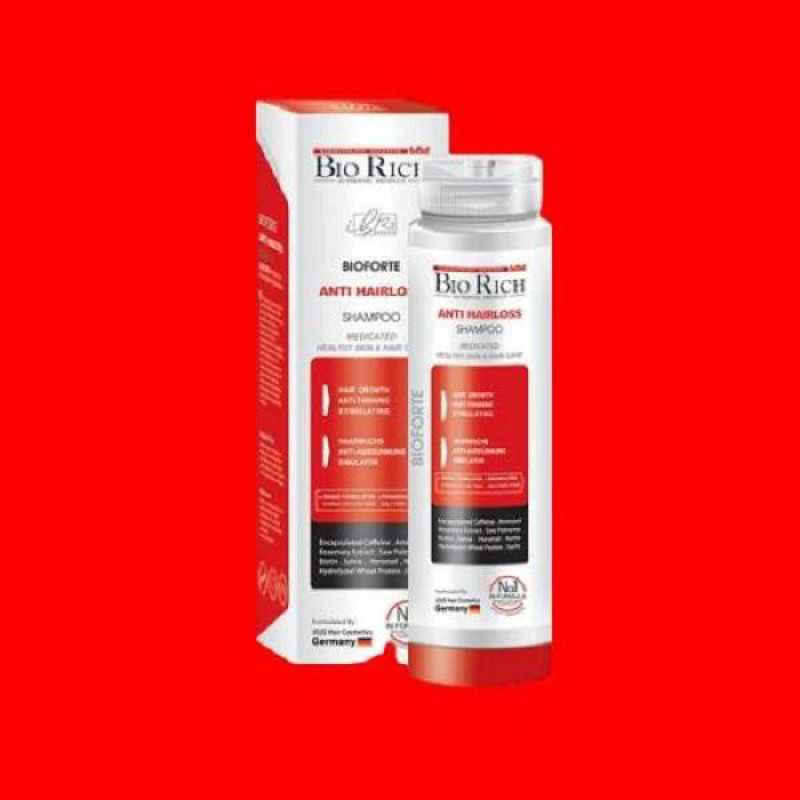 شامپو روزانه تقویت‌کننده و ضد ریزش مو بایوریچ مخصوص انواع مو، حجم 250 میلی‌لیتر مدل ANTI HAIR LOSS، حاوی کراتین، بدون سولفات، حجم‌دهنده و ترمیم‌کننده با عصاره مریم گلی، گزنه و، رزماری