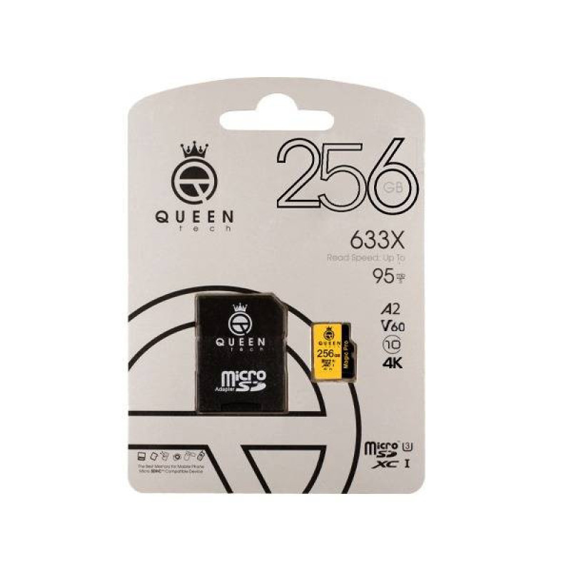 کارت حافظه Micro SD XC کوئین تک مدل A2-V60-633X کلاس 10 استاندارد UHS-l U3 سرعت 95MBps ظرفیت 256 گیگابایت به همراه آداپتور SD