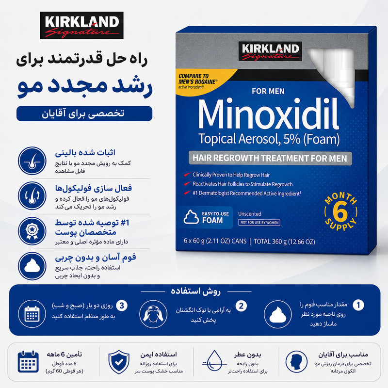 فوم ضد ریزش مو کرکلند مدل Minoxidil 5% حجم 360 میلی لیتر مجموعه 6 عددی