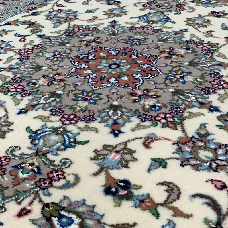 فرش دستبافت 1.5 متری مدل شکوفه گل ابریشم کد JD6002 زمینه کرم‌ مجموعه 2 عددی