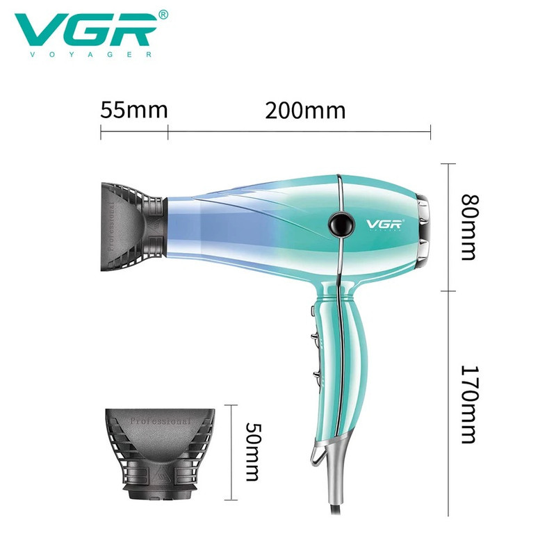 سشوار حرفه‌ای 2000 وات وی جی ار مدل V-452، موتور AC، وزن 900 گرم، دارای سری متمرکز‌کننده باریک با ویژگی صاف‌کنندگی، حجم‌دهندگی، با قابلیت باد سرد