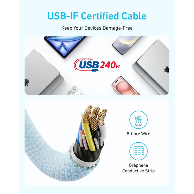 کابل تبدیل USB-C به USB-C انکر مدل Zolo A8060 طول 0.9 متر با توان 240 وات