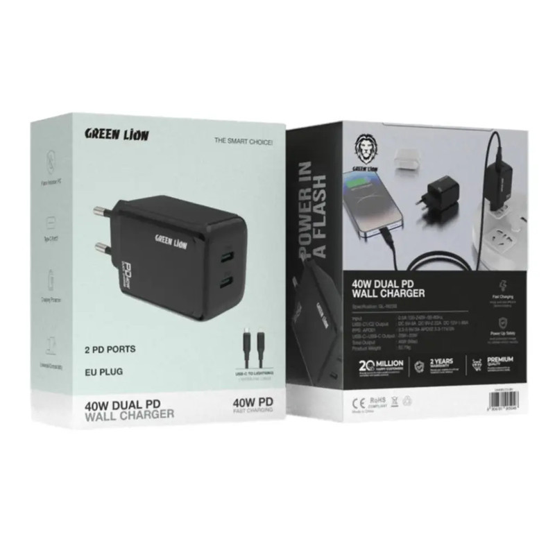 شارژر دیواری 20 وات دو پورت گرین لاین مدل GL-W23B به همراه کابل لایتنینگ