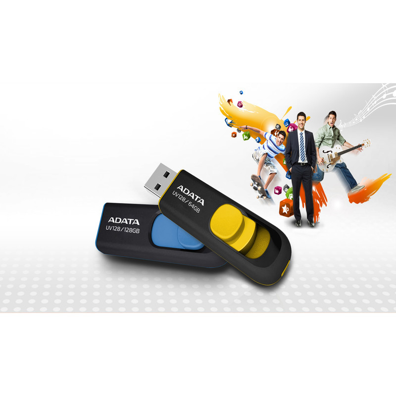 فلش مموری کشویی ای‌دیتا مدل DashDrive UV128 ظرفیت 64GB، رابط USB 3.0 با سرعت خواندن 90 و نوشتن 40MBs، طراحی ضد خش و ضد گرد و خاک، قابلیت اتصال بند حمل