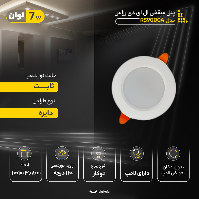 پنل سقفی ال ای دی 7 وات رزاس مدل RS9000A  طرح توکار بسته 10 عددی