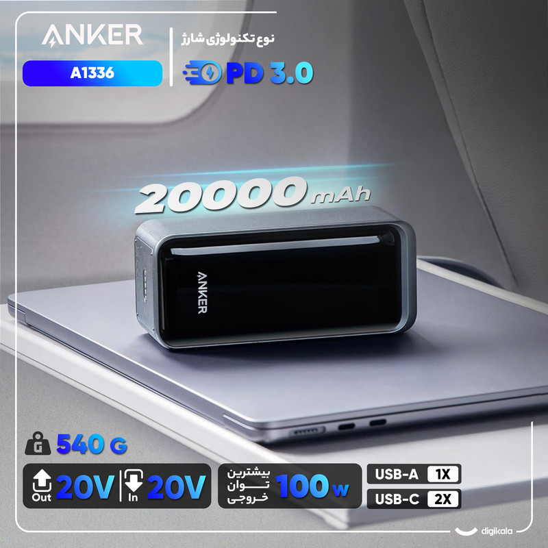 پاوربانک 100 وات انکر مدل A1336 ظرفیت 20000 میلی آمپر ساعت