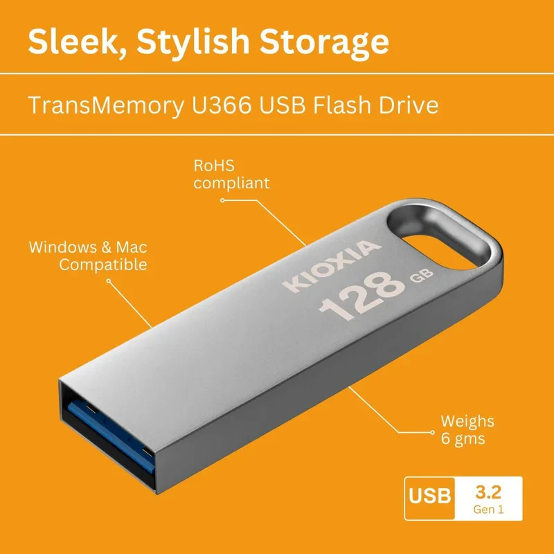 فلش‌مموری 128 گیگابایت کیوکسیا مدل U366 با بدنه فلزی، رابط USB 3.2، سرعت انتقال 200 مگابایت بر ثانیه، مقاوم در برابر ضربه و قابلیت اتصال به بند کلید