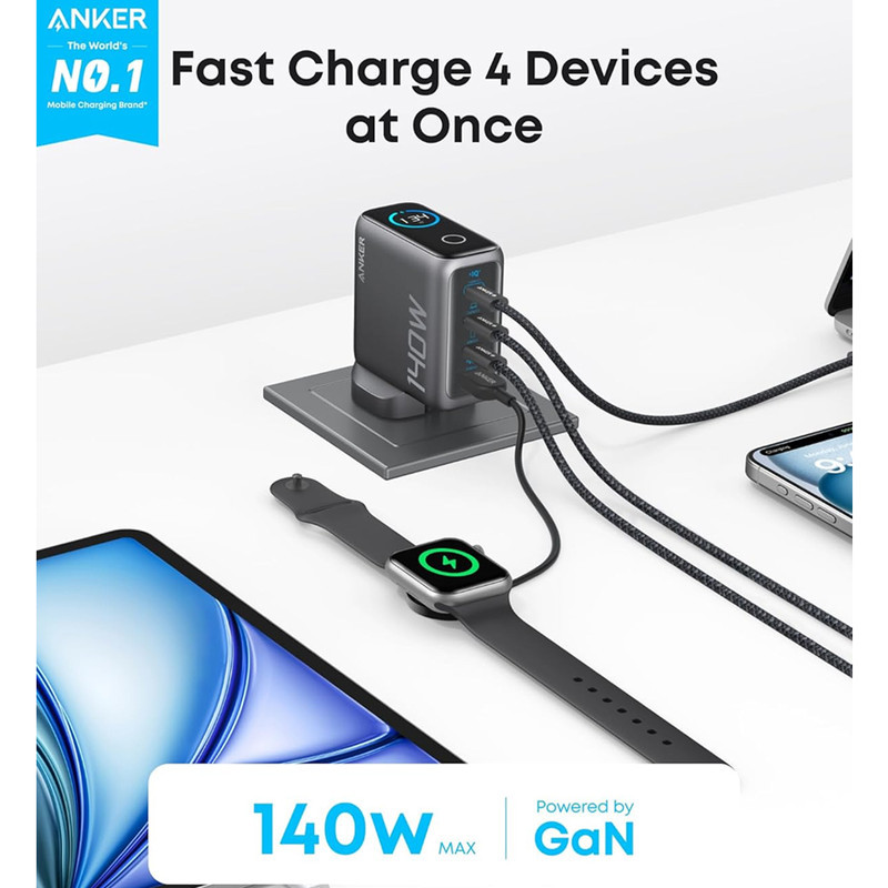 شارژر دیواری 140 وات 4 پورت انکر مدل B0DPKP7RD8 به همراه کابل USB-C به طول 1.5 متر
