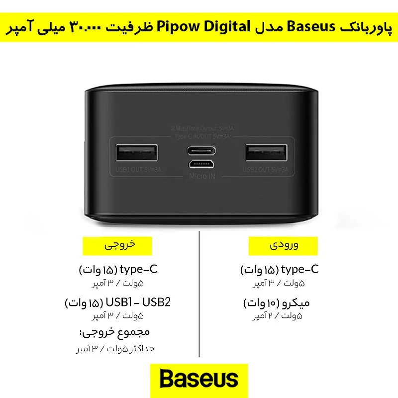 پاوربانک بیسوس مدل Bipow Digital ظرفیت 30000 میلی آمپر ساعت