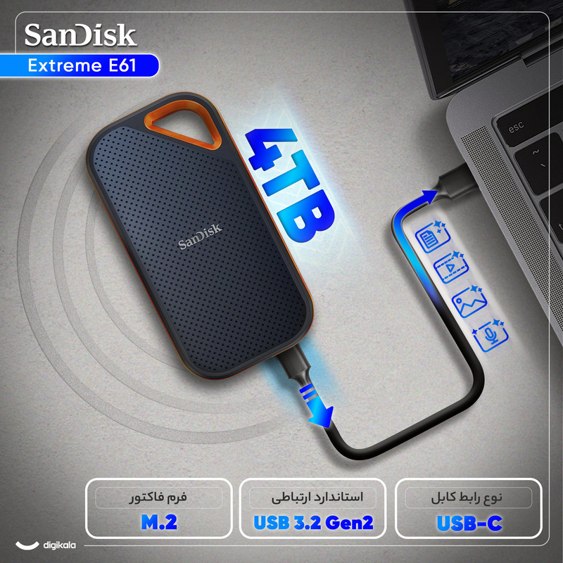 اس اس دی اکسترنال سن دیسک مدل Extreme E61 ظرفیت 4 ترابایت رابط USB 3.2 Gen2