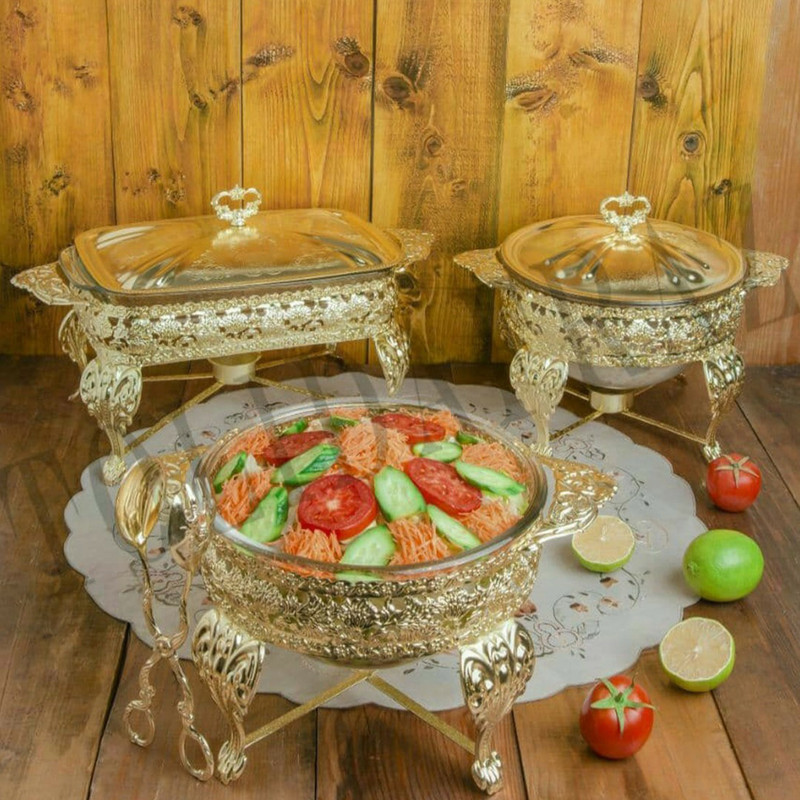 مجموعه 3 عددی سوفله‌خوری مستطیل و دایره متشکل از سوفله‌خوری، سالادخوری و سوپ‌خوری مدل A1610SSS با بدنه پیرکس و پایه برنجی، سازگار با وارمر، مناسب شست‌وشو با دست و همراه جعبه