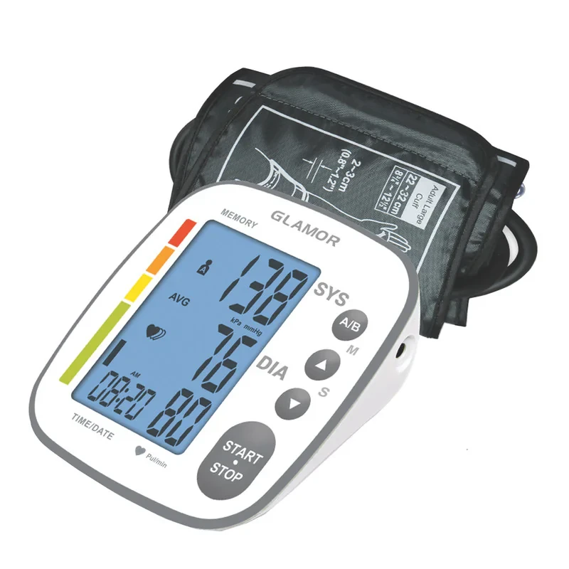 فشارسنج بازویی دیجیتال گلامور مدل TMB-995 NEW با دو کاف فنری و ساده سایز 22-32 و 22-42 سانتی‌متر، صفحه نمایش بزرگ، حافظه 120 عدد برای دو کاربر، آداپتور و کیف ضد ضربه، قابلیت اندازه‌گیری حین باد شدن کاف و خاموشی خودکار پس از 1 دقیقه