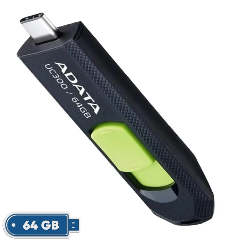 فلش مموری کشویی ای دیتا مدل UC300 ظرفیت 64 گیگابایت با رابط USB Type-C و استاندارد USB 3.2 Gen 1، سرعت انتقال داده تا 5 گیگابایت بر ثانیه، سازگار با لپ‌تاپ، گوشی، تبلت و تلویزیون، بدون نیاز به نصب درایور