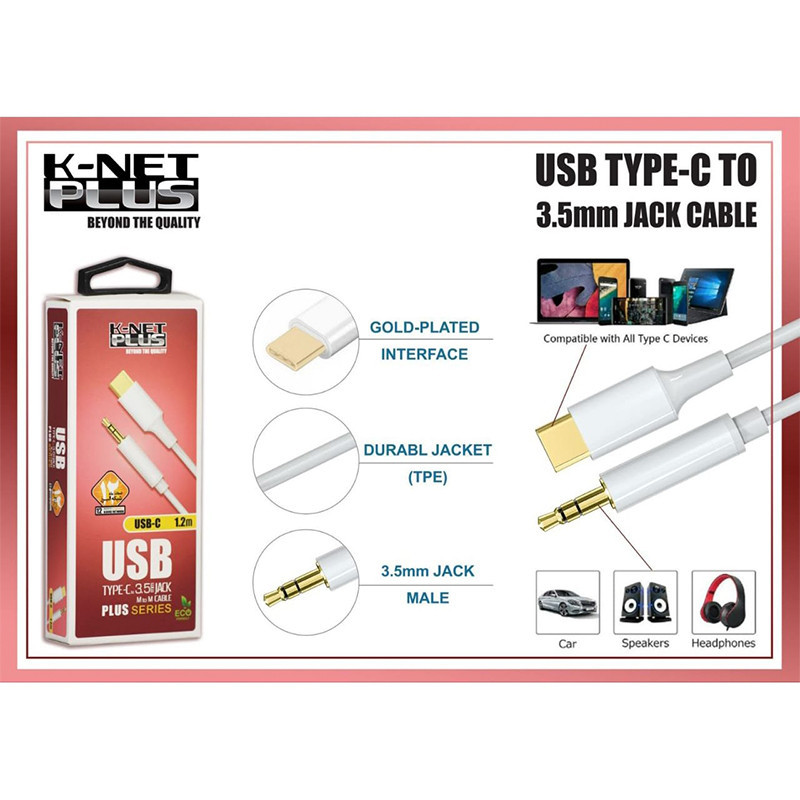 کابل تبدیل USB-C به جک 3.5 میلی متر کی نت پلاس مدل KP-CSC35MM طول 1.2 متر
