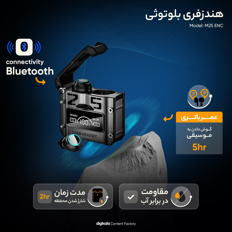 هدفون بلوتوثی دامیکس مدل M25 ENC بدون قابلیت نویز کنسلینگ، درگاه شارژ USB Type-C، دارای میکروفون داخلی، قابلیت استفاده به عنوان پاوربانک، دارای لامپ RGB، نمایشگر LED، دارای صفحه نمایش روی محفظه شارژ، مقاوم در برابر آب