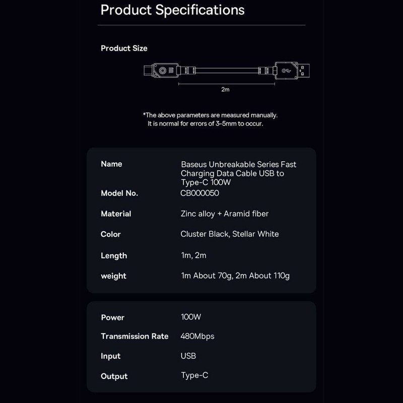 کابل USB به USB-C بیسوس مدل Unbreakable Series 100W طول 2 متر