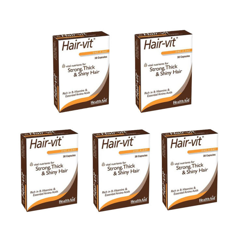 کپسول تقویت‌کننده مو هلث اید مدل هیرویت بسته 5 عددی با ویتامین‌های گروه B و آمینو اسیدهای ضروری، مصرف روزانه و افزایش استحکام، ضخامت و درخشندگی مو