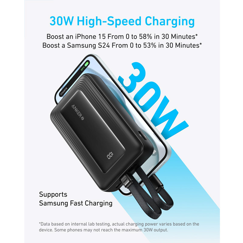 پاوربانک انکر مدل A1681 ظرفیت 20000 میلی آمپر ساعت به همراه کابل لایتنیگ و کابل USB Type-C
