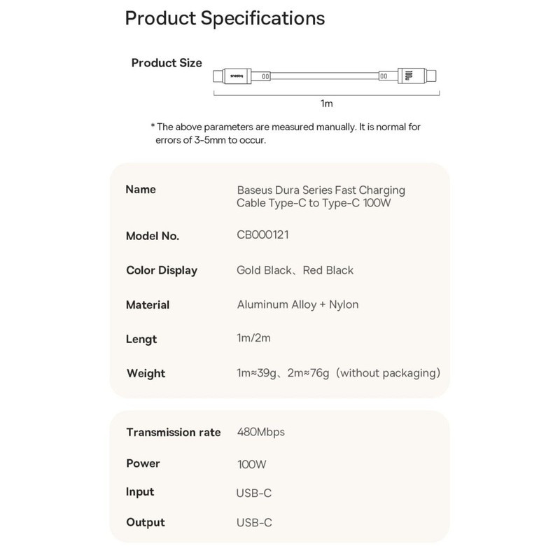 کابل USB-C بیسوس مدل Dura Series 100W طول 2 متر