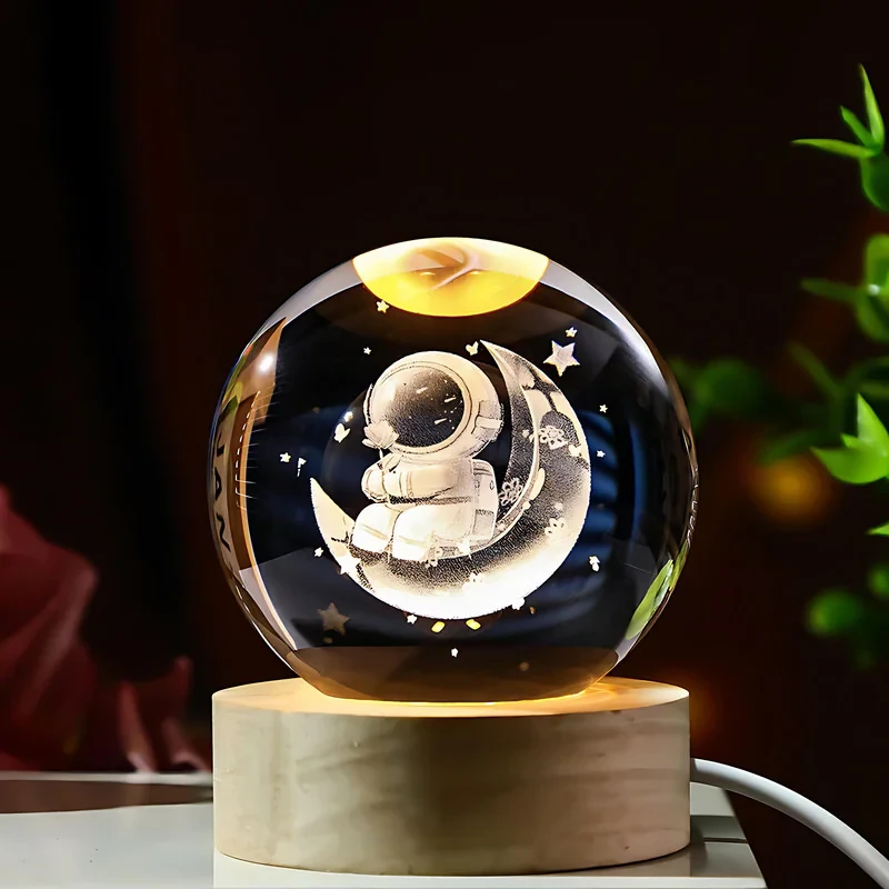 چراغ خواب مدل گوی شیشه ای 3D طرح فضانورد و ماه