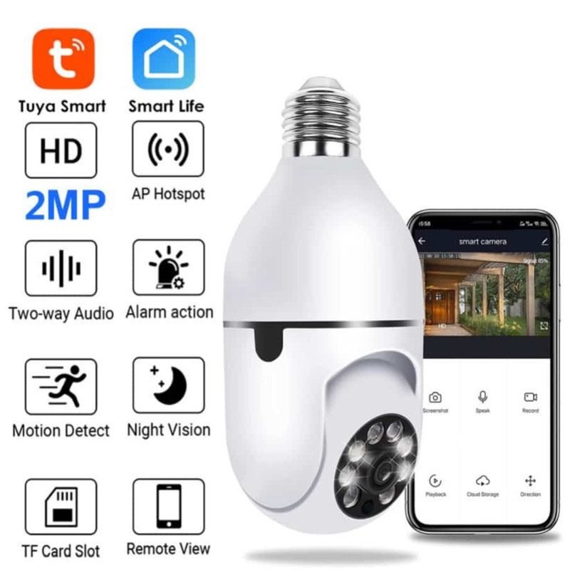 دوربین مداربسته تحت شبکه فضای بسته مدل V380 E27 بی‌سیم با لنز 2 مگاپیکسل، وضوح Full HD 1080، چرخش 360 درجه افقی و 90 درجه عمودی، دید در شب 20 متر و نصب آسان با سرپیچ لامپ برق شهری
