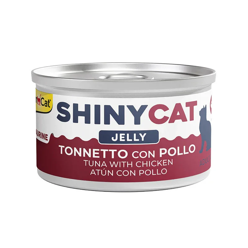 کنسرو غذای گربه بالغ جیم کت مدل ShinyCat Tuna & Chicken in Jelly طعم ماهی تن و مرغ وزن 70 گرم