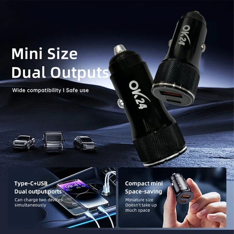 شارژر فندکی 25 وات دو پورت اوکی 24 مدل CFM