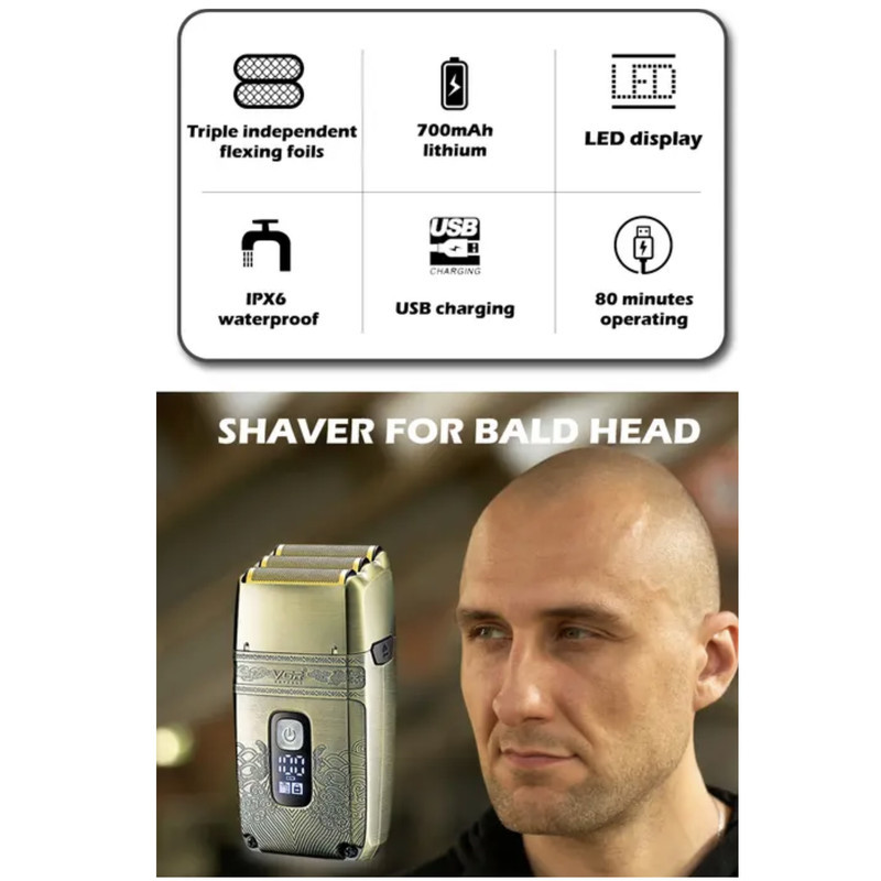 ماشین اصلاح موی صورت وی جی ار مدل V-335 با موتور 4500 دور در دقیقه، 3 تیغه فویلی، باتری 700 میلی‌آمپر ساعت، نمایشگر شارژ، طراحی ارگونومیک و مقاوم در برابر آب با قابلیت استفاده زیر دوش و شارژ USB