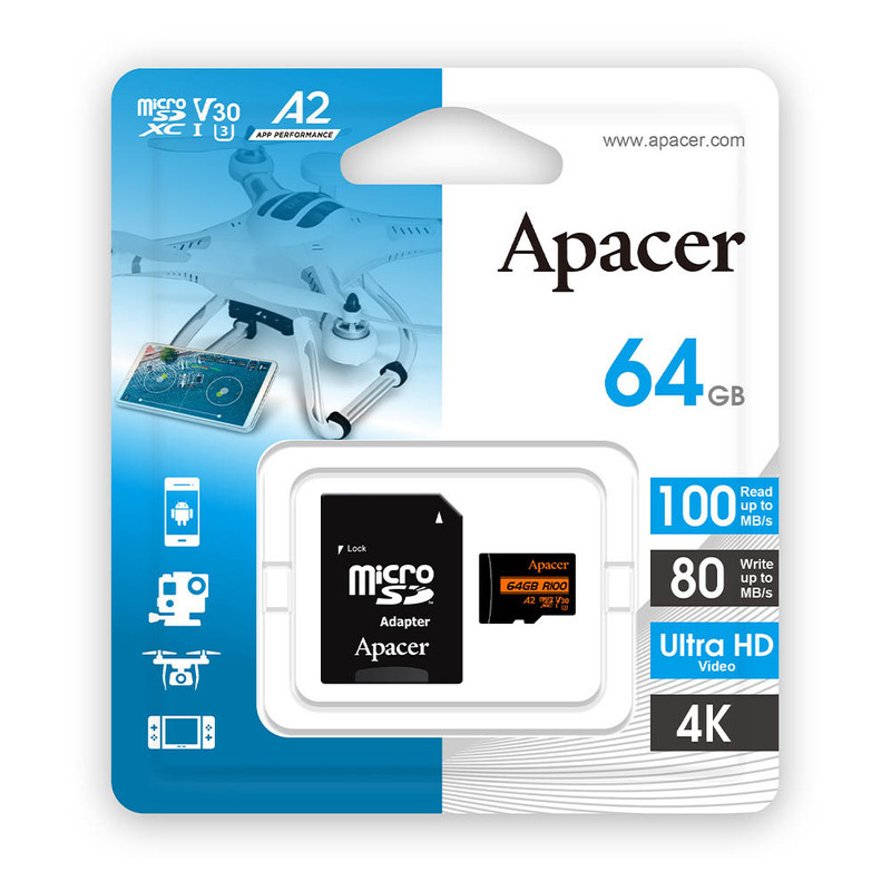 کارت حافظه microSDXC اپیسر مدل AP64G استاندارد HS-I U3 V30 A2 سرعت 100MBps ظرفیت 64 گیگابایت همراه با آداپتور SD