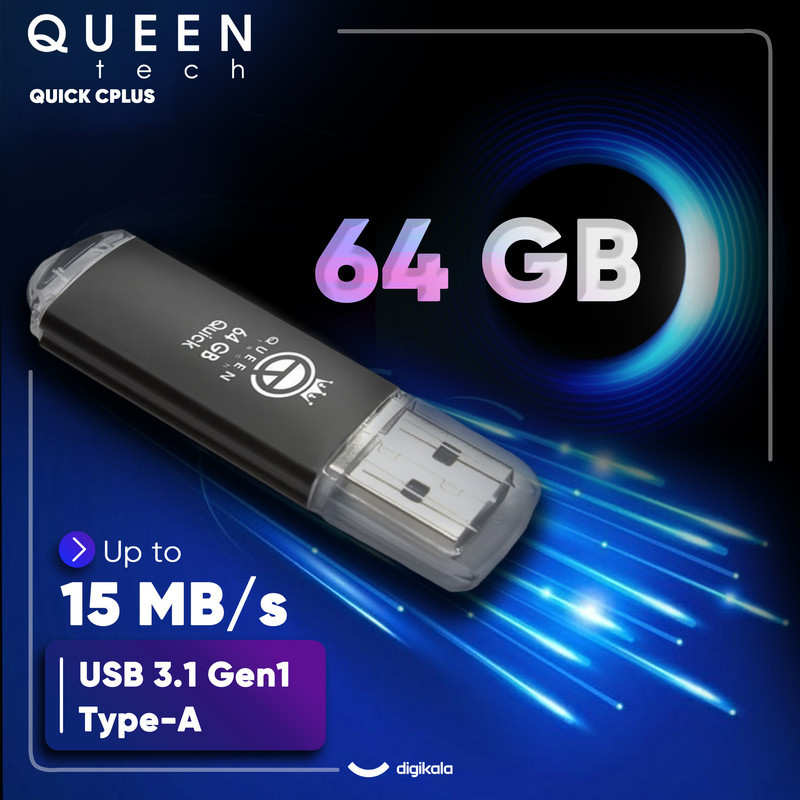 فلش مموری 64 گیگابایت کوئین تک مدل QUICK CPLUS با رابط USB 3.1 Gen1، بدنه فلزی درپوش‌دار، سرعت انتقال 15 مگابایت بر ثانیه و مبدل USB-C سازگار با موبایل، تبلت، کامپیوتر و تلویزیون