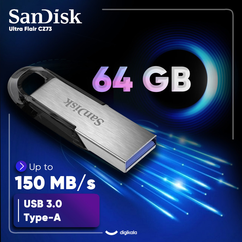 فلش مموری سن دیسک Ultra Flair CZ73 ظرفیت 64 گیگابایت با رابط USB 3.0 و بدنه فلزی مقاوم، سرعت انتقال 150 مگابایت بر ثانیه و سازگار با انواع سیستم‌عامل‌ها و دستگاه‌ها