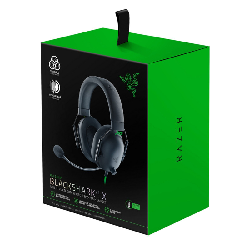 هدست گیمینگ بلوتوثی ریزر مدل BlackShark V2 X با نویز کنسلینگ بدنه، نویز کنسلینگ میکروفون (ENC)، اتصال از طریق جک 3.5 میلی‌متری، دارای صدای فراگیر 7.1 کاناله، دارای تکنولوژی صدای 360 درجه