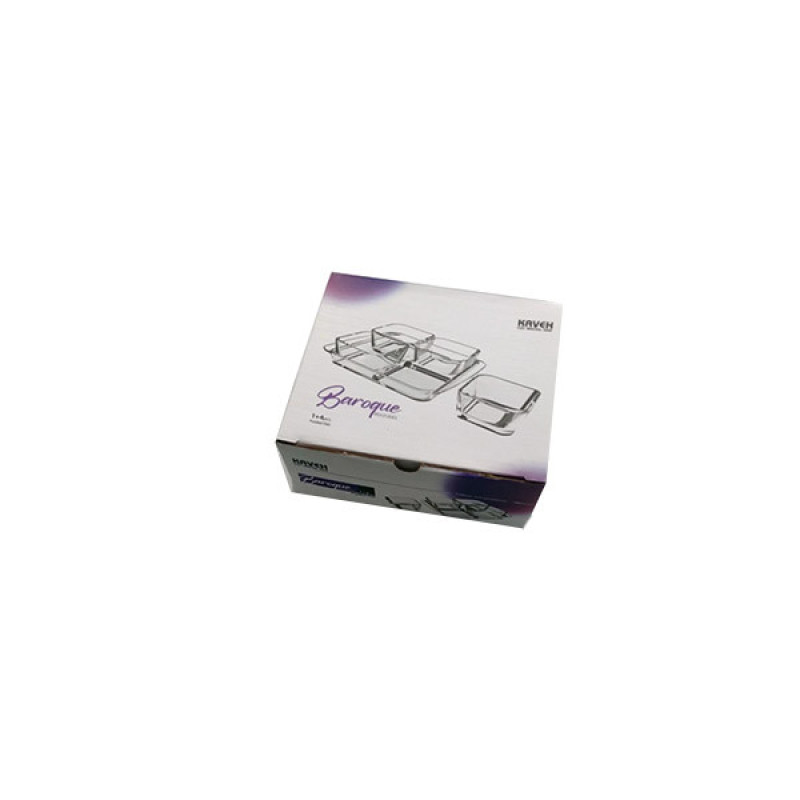 ست اردوخوری بلور کاوه مدل باروک مجموعه 5 عددی کریستال بلور مربع با سینی، ابعاد 14×14×5 سانتی‌متر، مناسب سرو عسل و پنیر و نمک، شستشو با دست