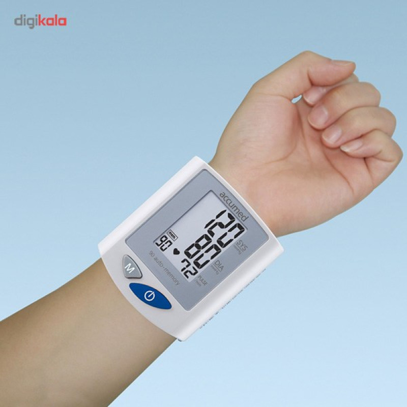 فشارسنج مچی اکیومد مدل K150 با صفحه نمایش بزرگ، حافظه 90 رکورد، سنجش ضربان قلب، مناسب مچ 13.5 تا 22 سانتی‌متر و استاندارد CE و ISO