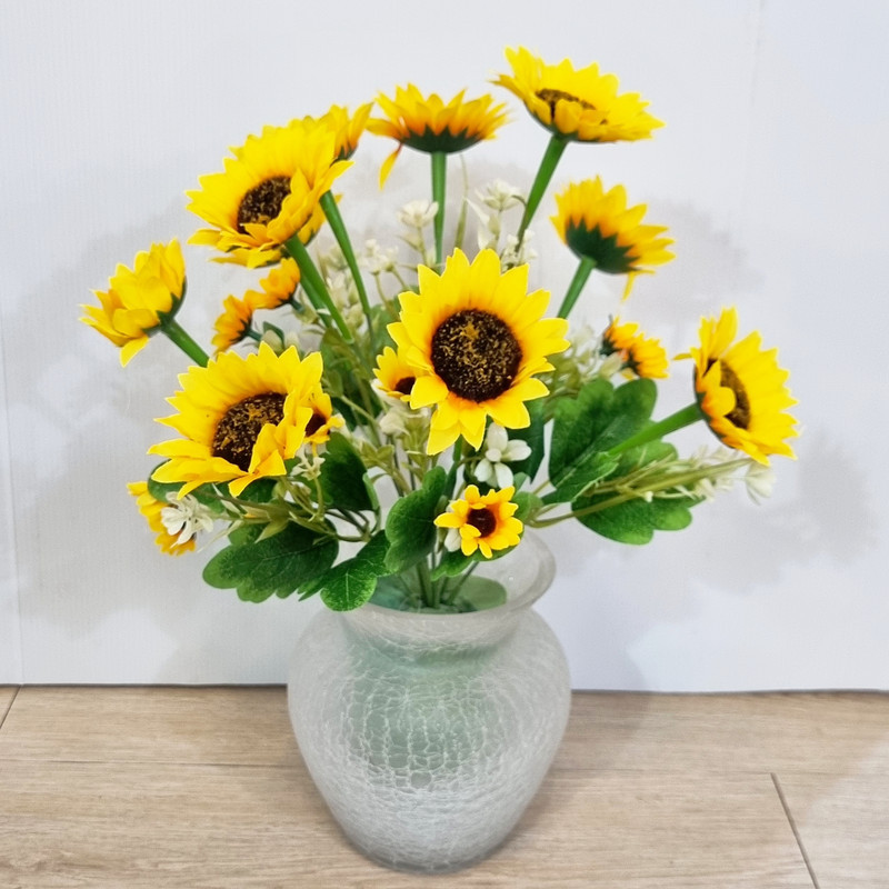 گل مصنوعی بوته آفتابگردان 10 گل، پارچه‌ای، ابعاد 40×23×23 سانتی‌متر، وزن 80 گرم