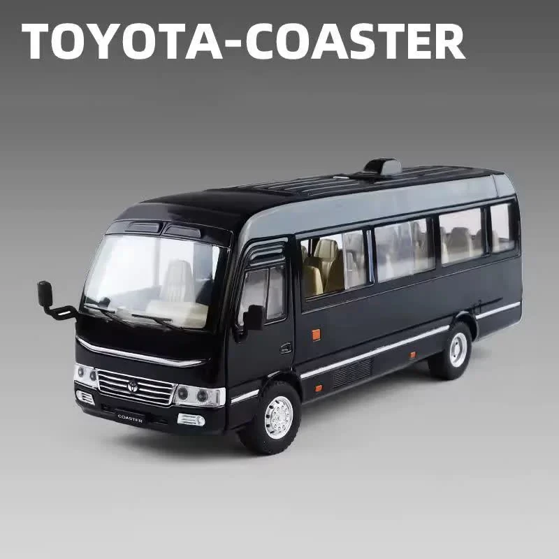 ماکت ماشین ناب سل مدل مینی بوس تویوتا کاستر فلزی سانروف چراغدار موزیکال عقب کش Toyota Coaster Bus به همراه جاسوییچی