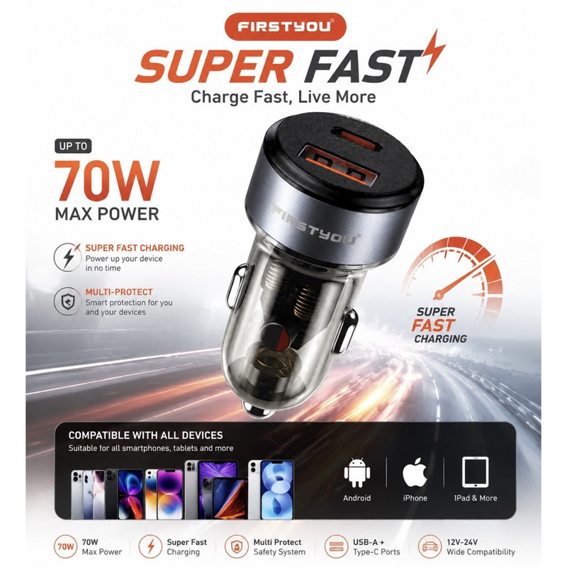 شارژر فندکی 70 وات دو پورت فرست یو مدل F070 به همراه کابل usb-C