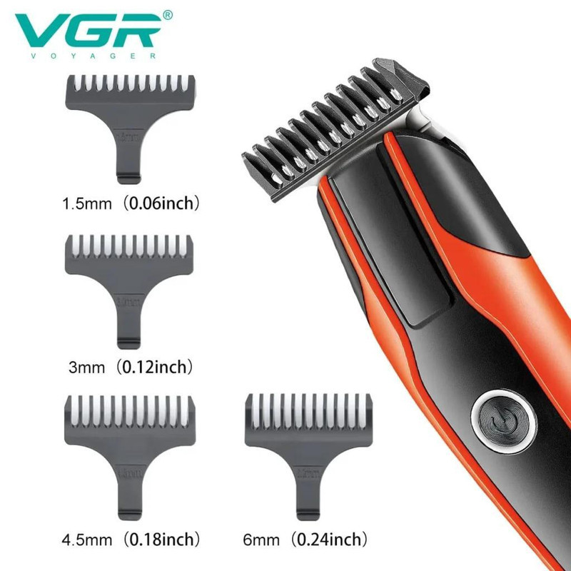 ماشین اصلاح موی سر و صورت وی جی آر مدل V-999 با تیغه استیل پیشرفته، اصلاح دقیق 0.01 میلی‌متر، استفاده خشک و مرطوب، باتری شارژی 90 دقیقه کارکرد و 4 شانه تنظیم طول