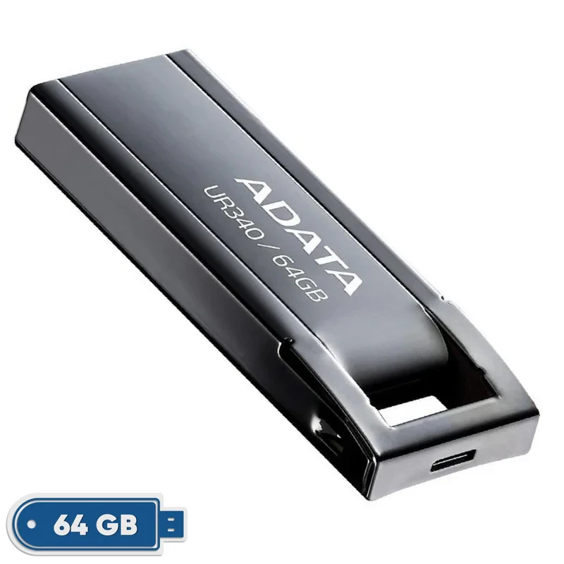 فلش مموری ای دیتا مدل UR340 ظرفیت 64 گیگابایت با بدنه فلزی، رابط USB 3.2 Gen1 Type-A، سرعت انتقال 100 مگابایت بر ثانیه و پشتیبانی از سیستم‌عامل‌های ویندوز، مک و لینوکس
