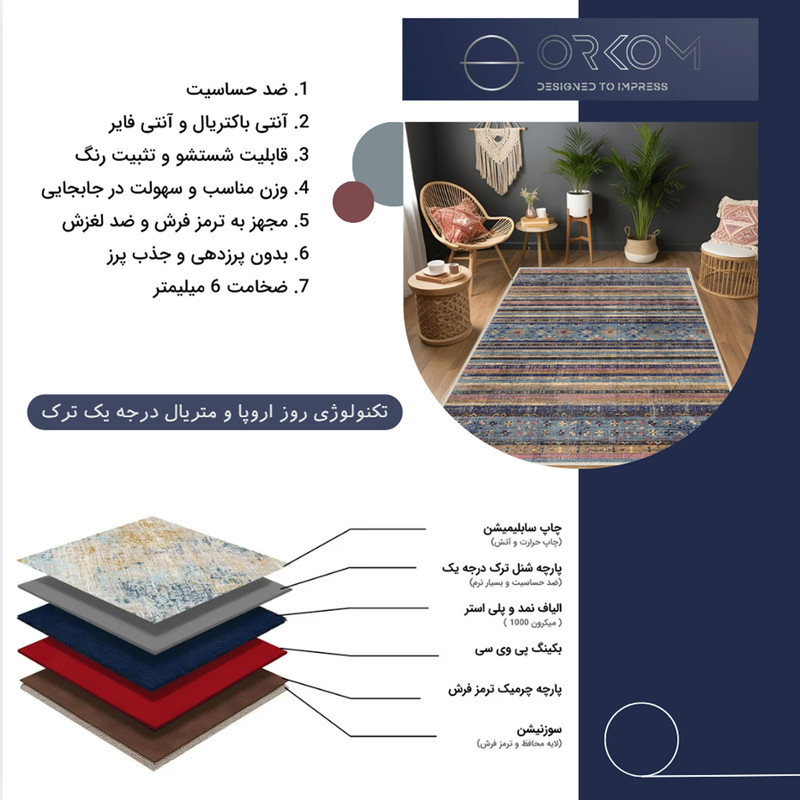 فرش ماشینی 1000 شانه اورکوم زمینه قهوه‌ای حاشیه آبی طرح مینیمال تمنا کد OR.1124.04