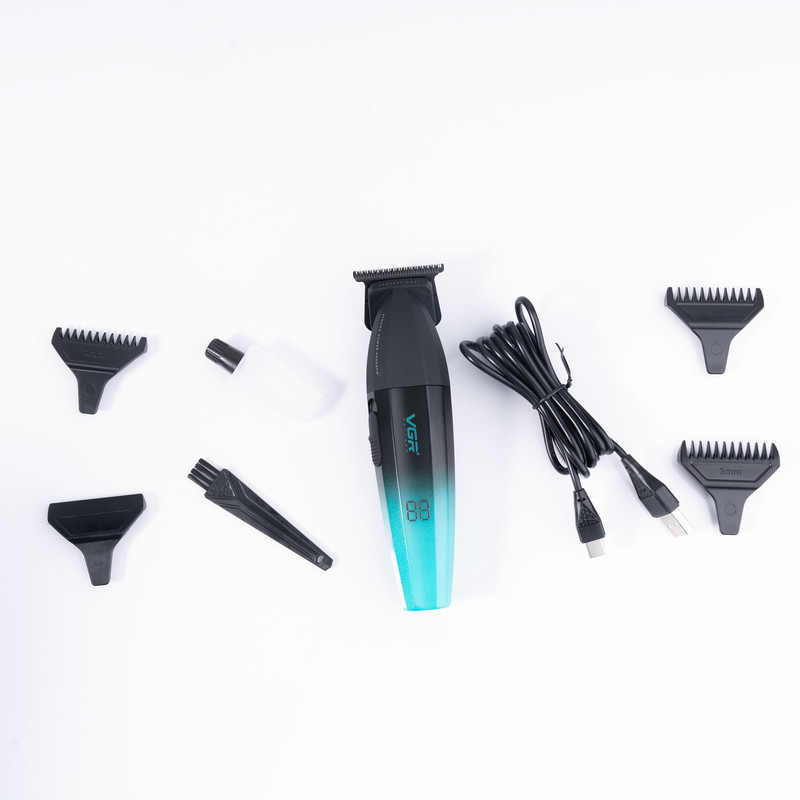 ماشین اصلاح موی سر و صورت وی جی آر مدل V-906 با تیغه سرامیکی پوشش DLC، موتور 9000 دور در دقیقه، باتری 2000 میلی‌آمپر ساعت با 240 دقیقه عمر شارژ، صفحه نمایش LED، طراحی ارگونومیک و مقاوم، قابلیت صفرزن، خط زن و حجم زن