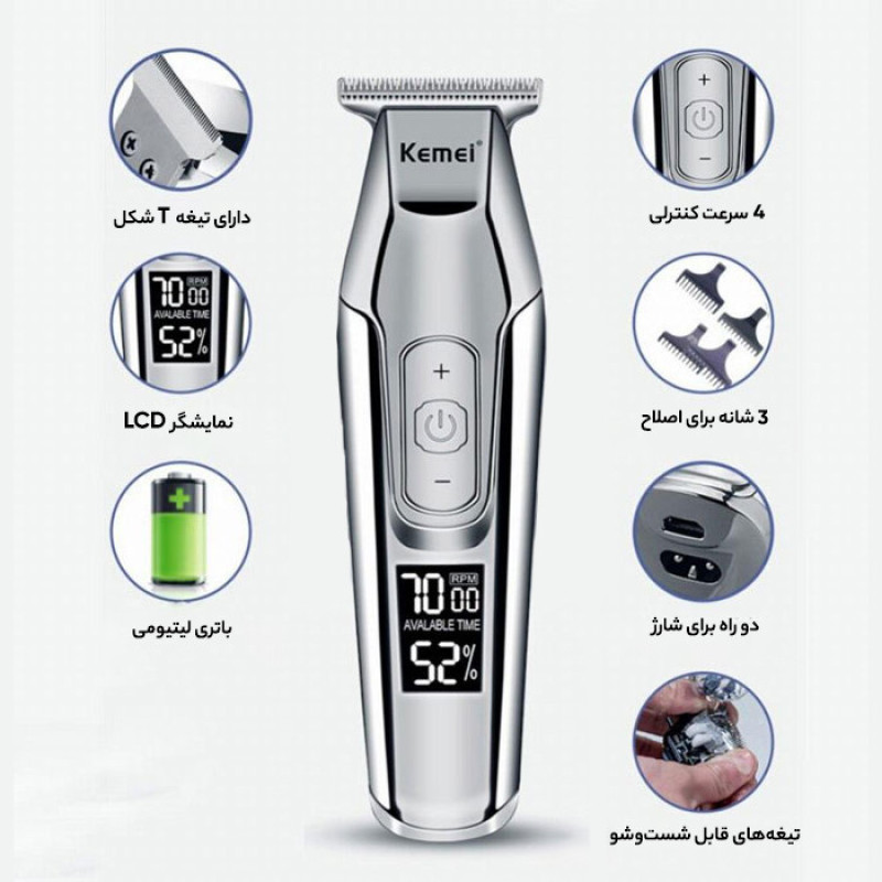 ماشین اصلاح موی صورت کیمی مدل KM-5027 با تیغه تیتانیوم پیشرفته، باتری قابل شارژ با 240 دقیقه مدت استفاده، قابلیت اصلاح خشک و مرطوب، تنظیم طول اصلاح از 0.1 تا 3 میلی‌متر و طراحی ارگونومیک کم‌صدا