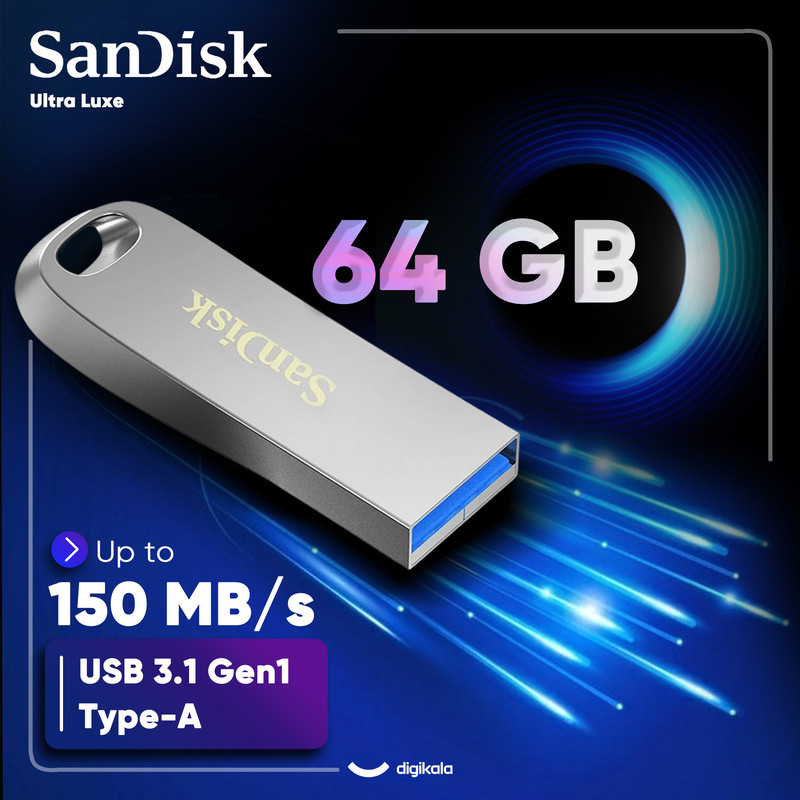 فلش مموری سن دیسک Ultra Luxe ظرفیت 64 گیگابایت با رابط USB 3.1 سرعت خواندن تا 150 مگابایت بر ثانیه، بدنه فلزی مقاوم، پشتیبانی از نرم‌افزار رمزگذاری اطلاعات