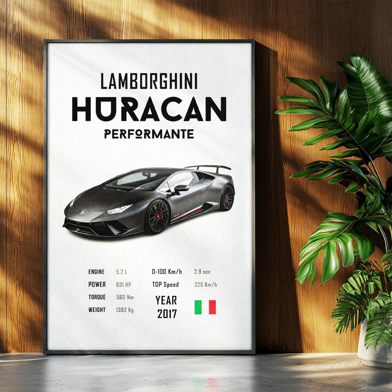 تابلو بکلیت طرح ماشین و خودرو لامبورگینی Lamborghini Huracan Performante مدل b-po1719 فریم مشکی