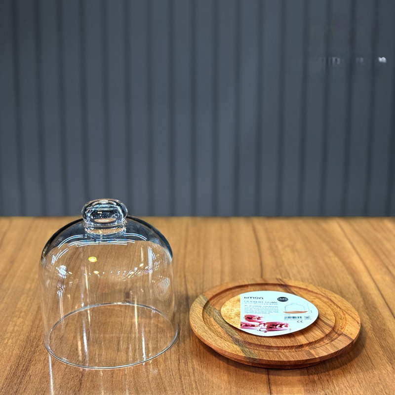 ظرف سرو پنیر پایه چوبی با درپوش شیشه‌ای شفاف، ابعاد 17.5×17.5×16، وزن 500 گرم، مناسب شستشو با دست، فرم دایره‌ای