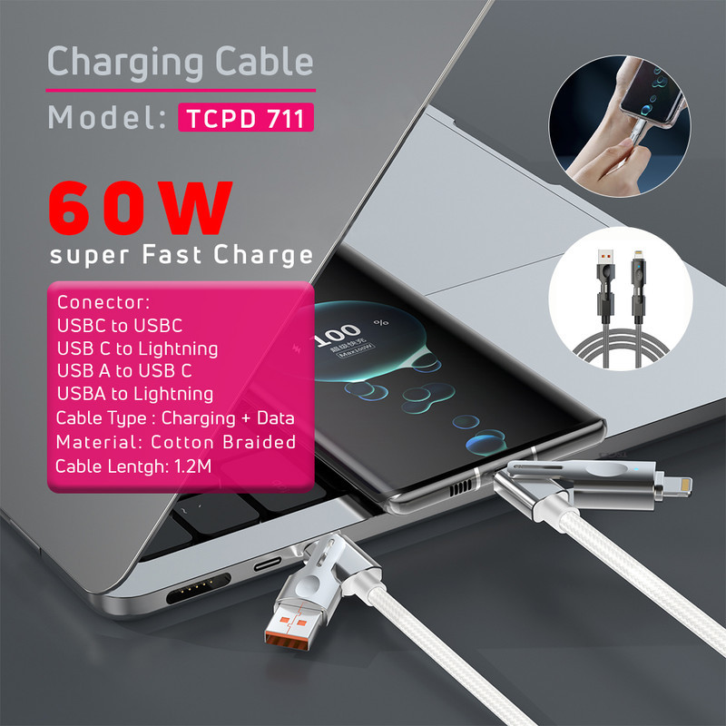 کابل تبدیل USB-A  USB-C به USB-C لایتنینگ تسکو مدل TCPD 711 طول 1.2 متر