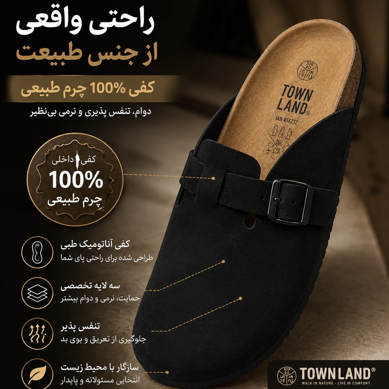 صندل مردانه تاون لند مدل بیرکن چرم طبیعی