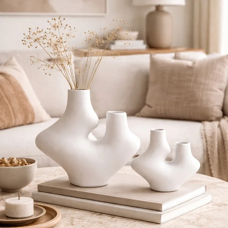 گلدان دکوری سفالی مدل Dual Curve 2 عددی، مناسب گل‌های آپارتمانی، رومیزی و ایستاده، رنگ‌آمیزی اکریلیک، ابعاد 22×22×20 سانتی‌متر، وزن 1000 گرم