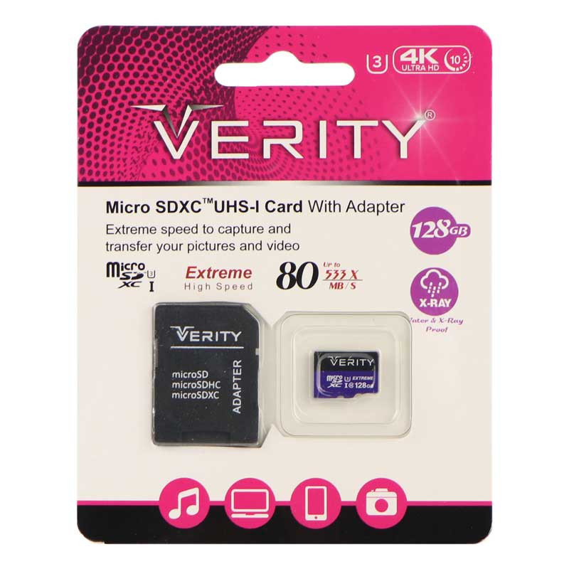 کارت حافظه microSDXC وریتی مدل 4K کلاس 10 استاندارد UHS-I U3 سرعت 80MBps ظرفیت 128 گیگابایت به همراه آداپتور SD